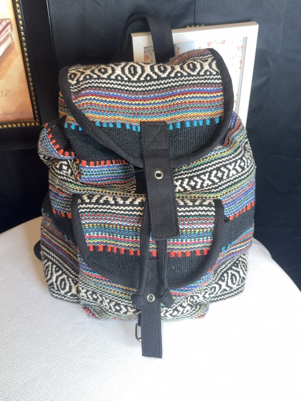 Boho Woven Black Multicolor Drawstring Backpack